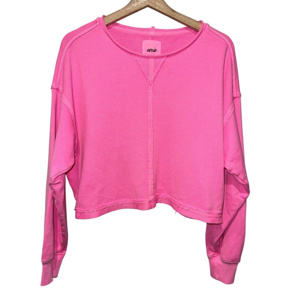 Aerie Beach Party Cropped Sweatshirt Women Sz S Neon Pink Oversized Boho